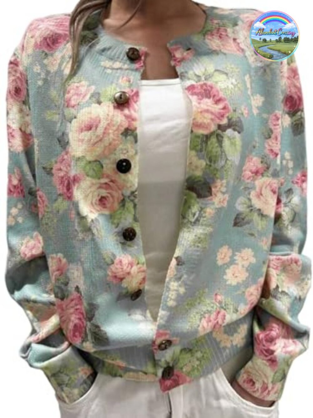 Floral Print Button Down Cardigan Sweater Lightweight Long Sleeve Drop Shoulder